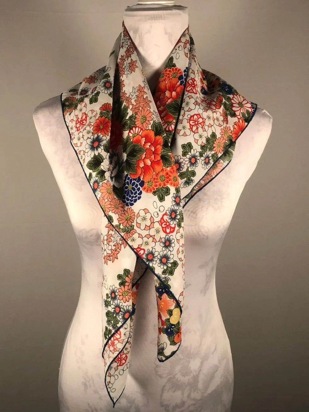 Japanese Inspired Floral Square Scarf Ivory Orange Blue Green 34